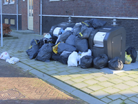 902898 Afbeelding van een beschaafde stapel vuilniszakken bij de ondergrondse afvalcontainers op de Nyevelthof te De ...